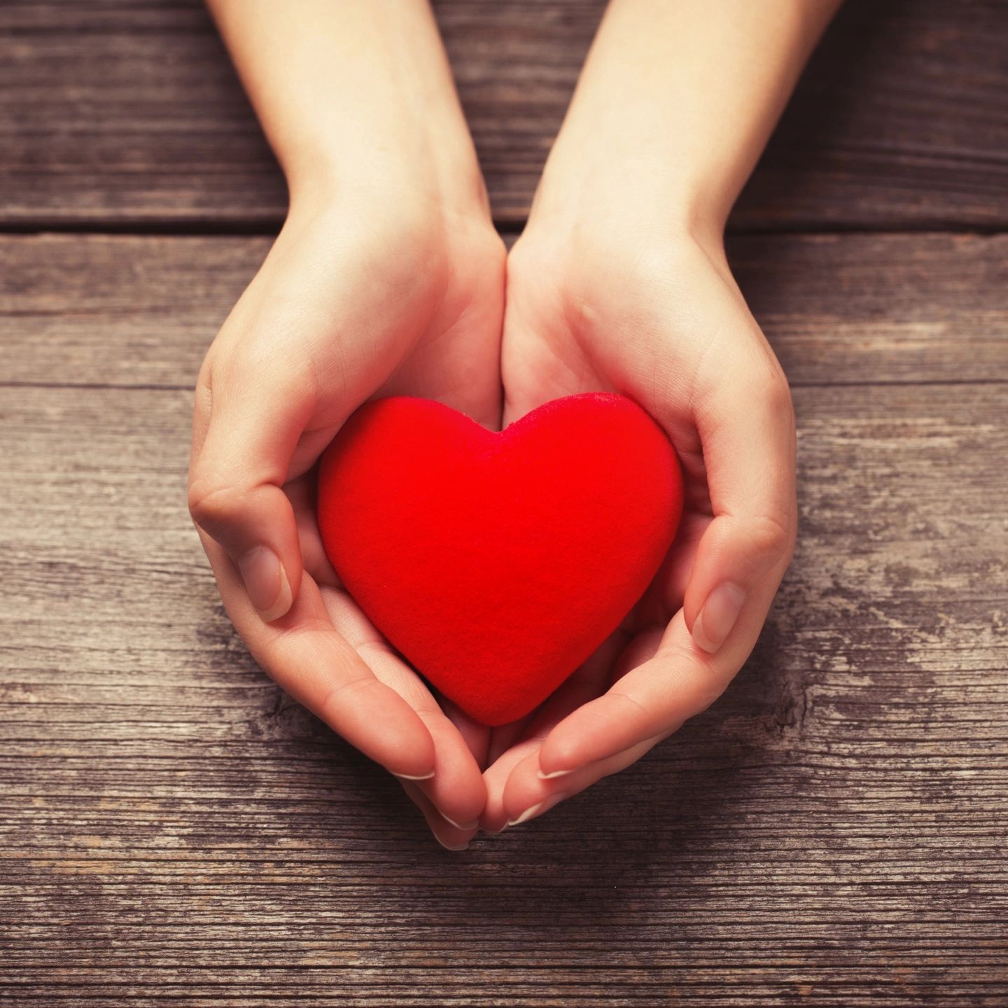 Hands cradling a red heart
